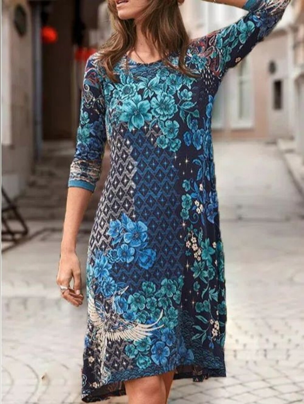 Johnny Was Teal and Navy Floral Print Knee-Length Dress Sz XXS